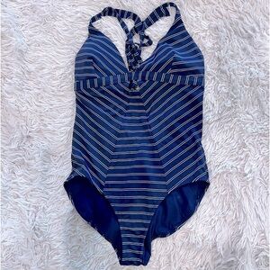 Athleta Piah French Stripe Navy and White One-piece Bathing Suit, Size Medium